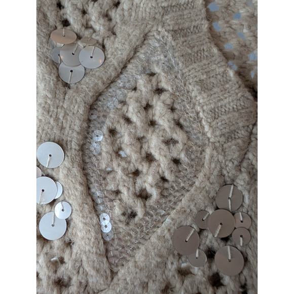 WHBM Sequin Cable Knit Sweater Beige Chunky Embellished Cozy Glam XS Holiday - Picture 10 of 14